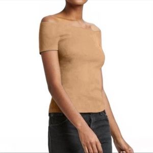 THEORY Leather Top Shirt Suede Stretch Ballet Boatneck Camel Nude Small